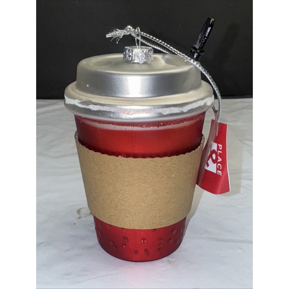 COFFEE CUP GLASS EMBELLISHED HANGING CHRISTMMAS ORNAMENT 5" Red Silver New